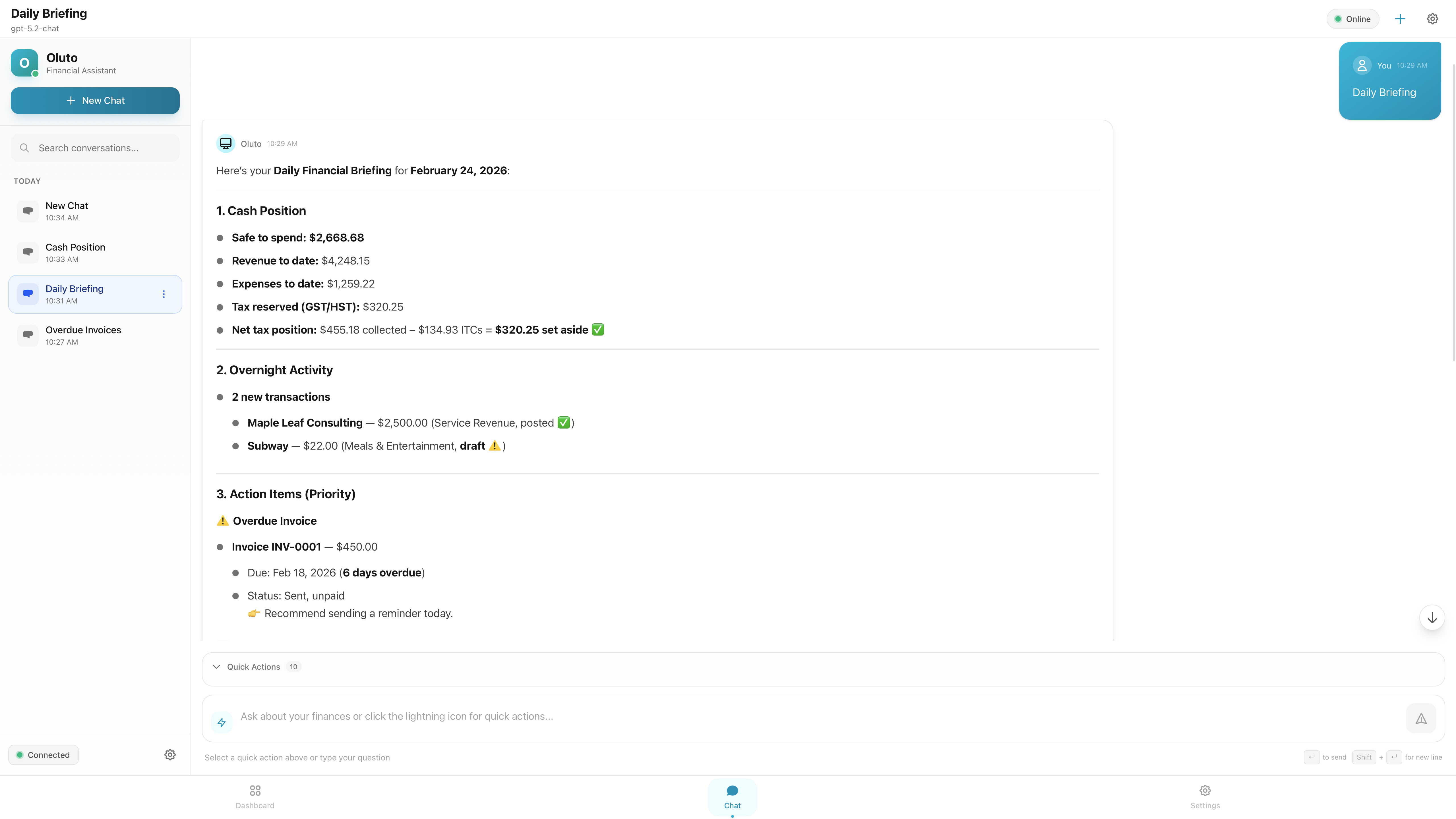 Oluto Daily Briefing Interface