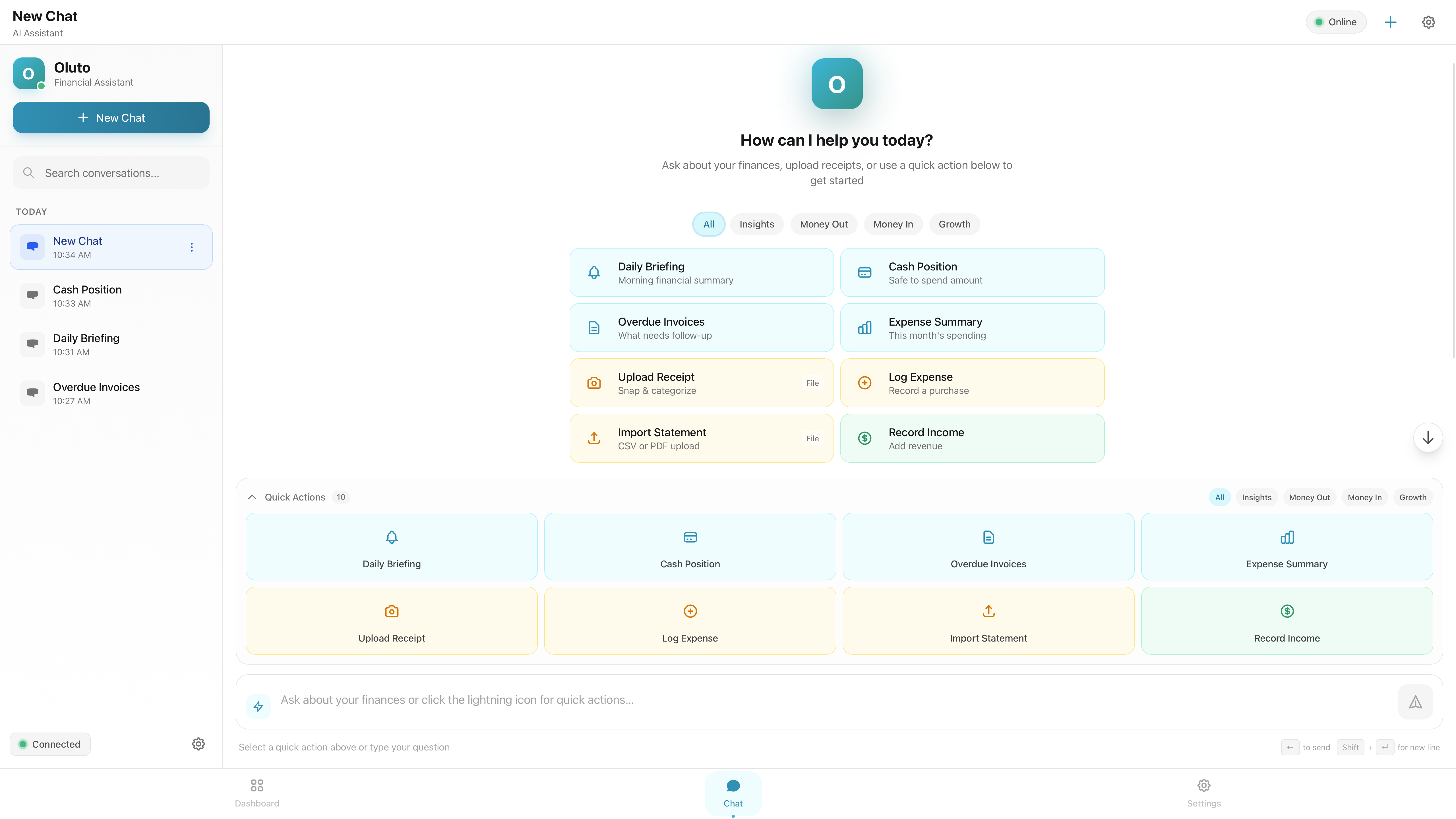 Oluto Conversational Bookkeeper Chat Interface